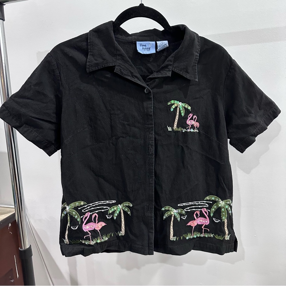 Vintage Jane Ashley Black Shirt with Pink Flamingos and Green Palms
